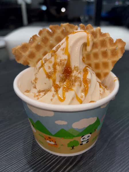 Caramel soft serve frozen yogurt topped with waffle cone pieces and caramel sauce in a fun kids' cup – indulgent dessert option for a self-serve frozen yogurt shop.