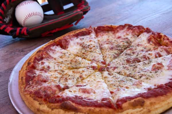 Cheese pizza with a baseball and baseball glove
