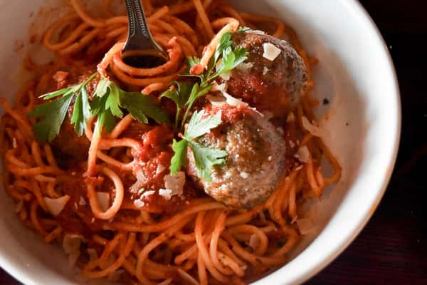 THREE LARGE MEATBALLS AND PASTA