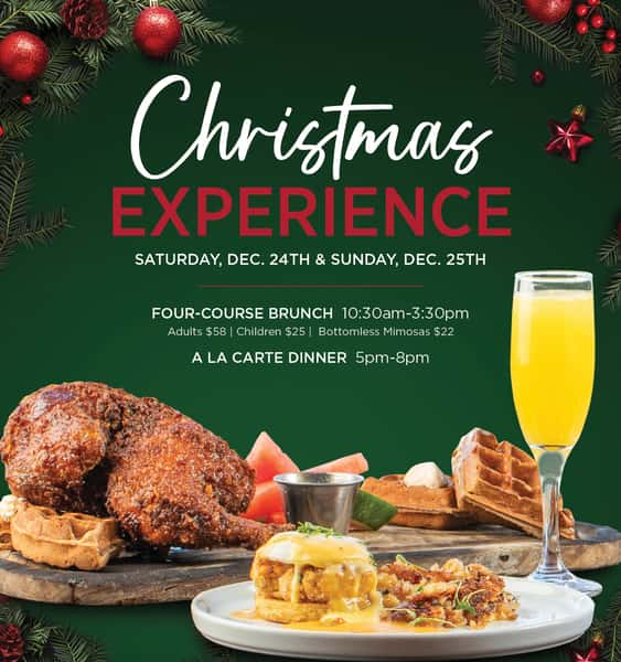 fried chicken and waffles, eggs benedict, mimosas
