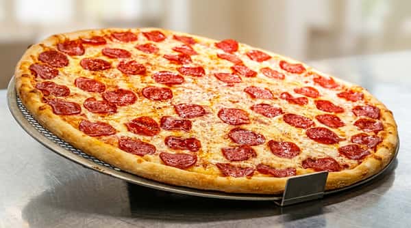 Large pepperoni pizza with melted mozzarella cheese and a golden hand-tossed crust, freshly baked and displayed on a pizza tray in a classic New York-style pizzeria.
