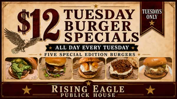 Tuesday Burger Specials Announcement with 5 burgers pictured