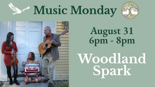 Woodland Spark trio on porch with instruments, guitar, accordion and fiddle