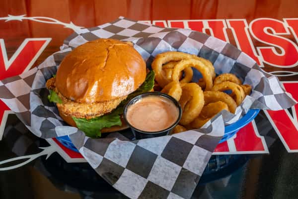 Crispy Chicken Sandwich with onion rings