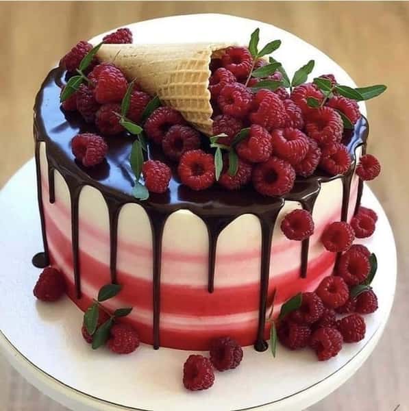 BEAUTIFULLY DECORATED RASPBERRY GANACHE DRIP CONE CAKE