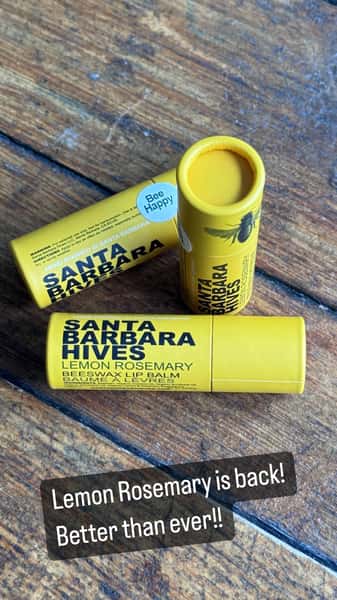 Lemon Rosemary beeswax lip balm tubes from Santa Barbara Hives.