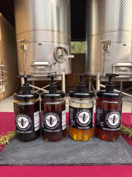 Four glass pump jars of honey labeled Santa Barbara Hives: Avocado Honey, Chaparral Honey, Sage Honey, and Wildflower Honey, displayed in front of large metal honey tanks.