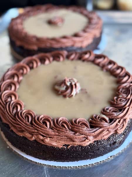 Chocolate cake with mocha frosting and a caramel center.