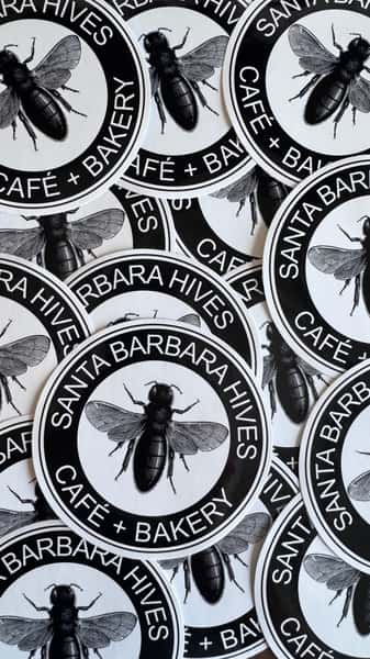 Santa Barbara Hives café logo stickers with a bee design