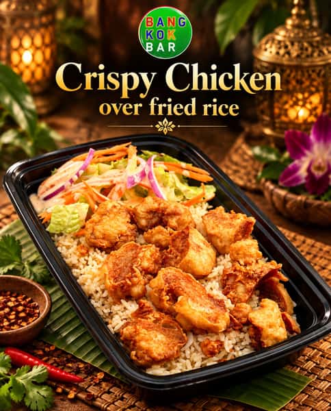 Your next comfort food craving starts here! 😍 Dig into golden crispy chicken served over a bed of flavorful fried rice, paired with fresh veggies for the perfect balance of crunch and freshness. Who’s ready for a bite? 🍗🍚

#Bangkokbarbkk #ChickenLovers #FriedRiceLovers #ThaiFood #NYCEats Foodstagram