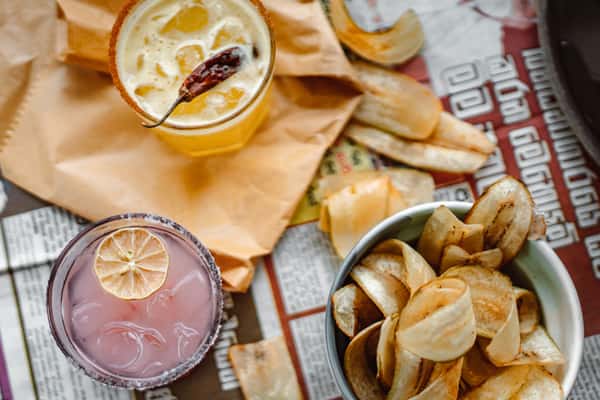 drinks and plantain chips