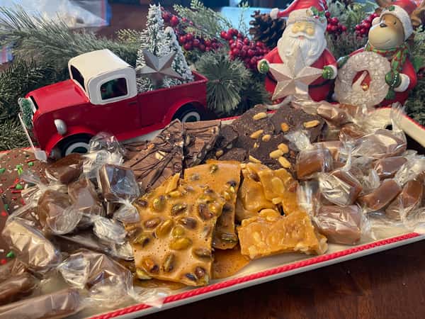 Chocolate coated sweets spread out for Christmas