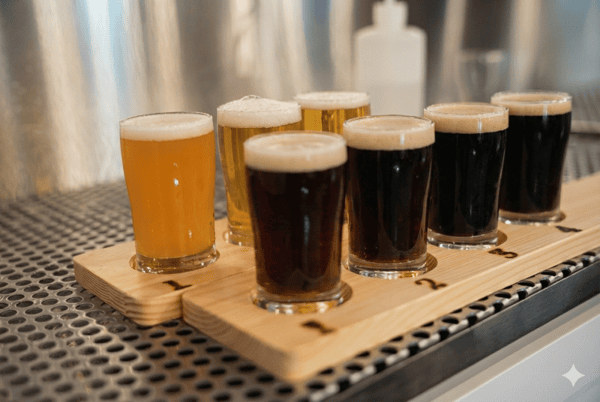 Craft beer flight featuring a variety of Alidade Brewing beers, including light ales, amber brews, and dark stouts served in tasting glasses.