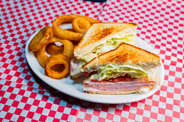Club Sandwich and Onion Rings