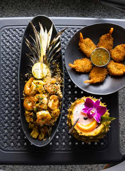 pineapple bowl with coconut shrimp