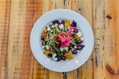grain salad with beats and pickled onions