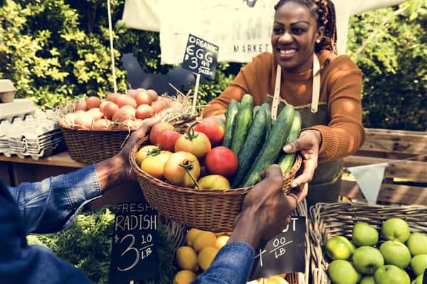 female smiling taking a basket full of vegetables from another person