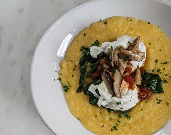 poached eggs and polenta, gluten free dedicated fryer