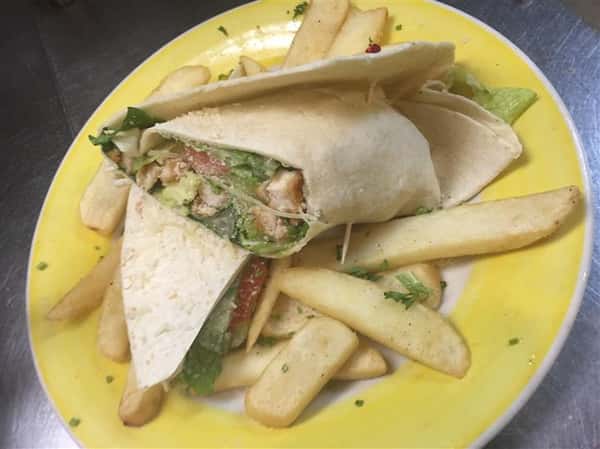 chicken salad wrap with side of fries