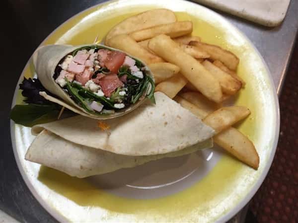 ham and salad wrap with side of fries