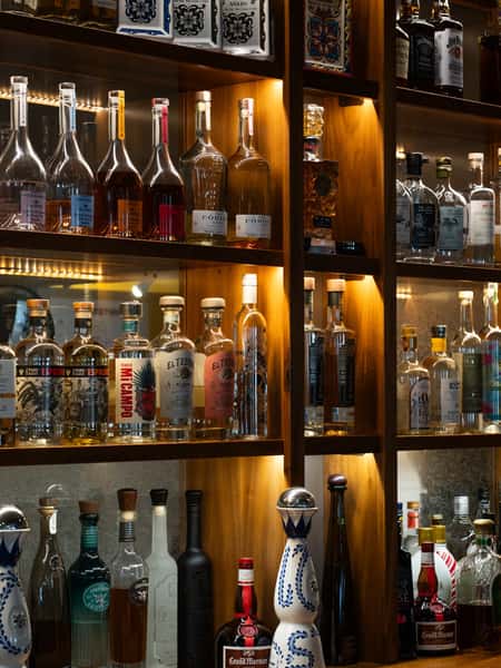 Premium tequila and liquor bottles displayed on illuminated wooden shelves behind a modern Mexican restaurant bar