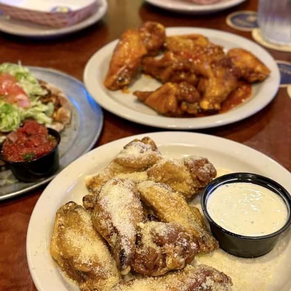 Garlic Parm Wings Hot Wings and personal Taco Pizza