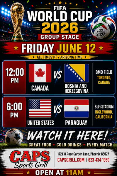 High-energy FIFA World Cup watch party atmosphere inside CAPS Sports Grill in North Phoenix during United States vs Paraguay. Large TVs showing live World Cup soccer action with fans wearing USA soccer gear and cheering inside a packed sports bar. Tables filled with wings, beer, burgers, and game day food while multiple World Cup matches are displayed throughout the restaurant. Includes CAPS Sports Grill branding and references to World Cup watch parties in Phoenix, Arizona.