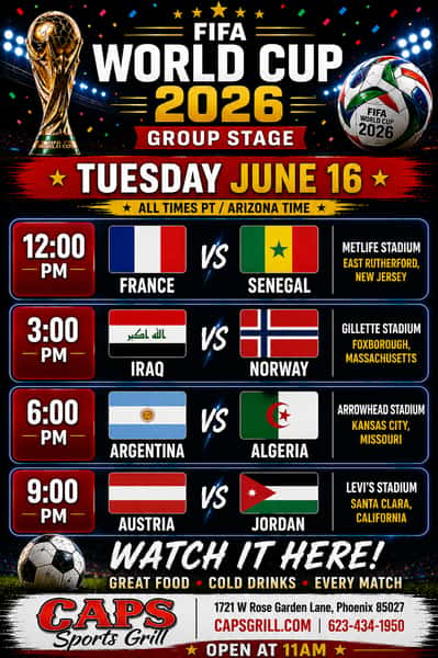 Exciting FIFA World Cup 2026 watch party inside CAPS Sports Grill in North Phoenix featuring Argentina and France matches on multiple large TVs. Soccer fans gathered throughout the sports bar wearing team jerseys while eating wings, pizza, and drinking beer during live World Cup coverage. High-energy sports viewing atmosphere with packed seating, vibrant lighting, and CAPS Sports Grill branding promoting World Cup watch parties in Phoenix, Arizona.