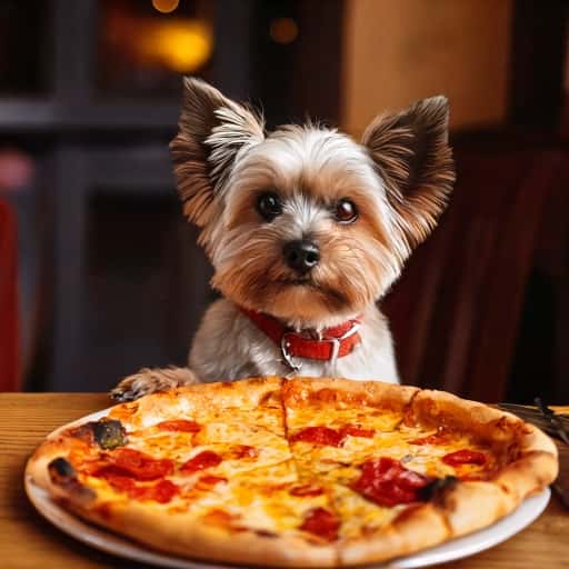 Small dog at table with pizza