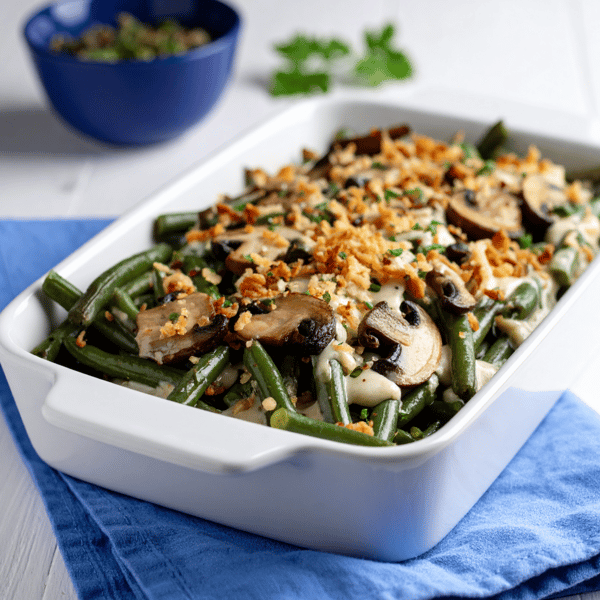 Green bean casserole with mushroom cream & fried shallots (Take & Heat)