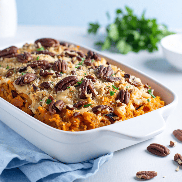 Baked sweet potato casserole with maple-pecan topping (Take & Heat)