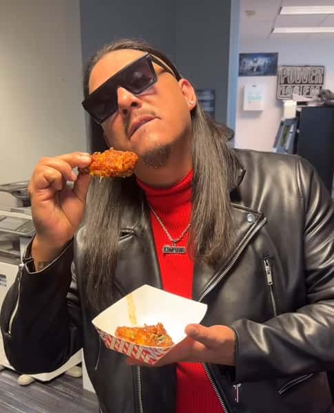 Catering at Power 106. Concrete for Power 106 Brown Bag Morning Show enjoy a Honey Garlic wingow, enjoying our wings