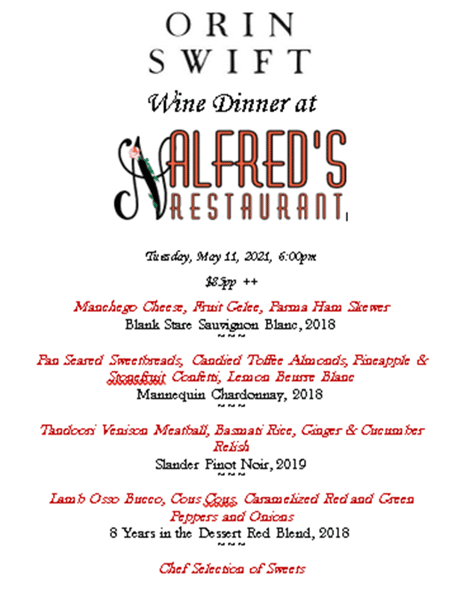 Orin Swift Wine Dinner Alfred's Restaurant German Restaurant in