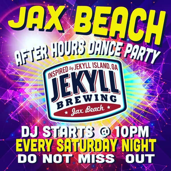 ATTENTION JAX BEACH #JEKYLLHEADS! Come by #Jekyllbrewing after hours Saturday night - DJ starts at 10. JAX BEACH is just gettin’ started. 
#jekyllbrewingjaxbeach #danceparty #afterhours