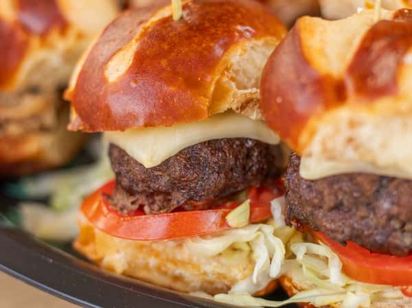 Burger sliders available for party platters at Crooked Hammock Brewery