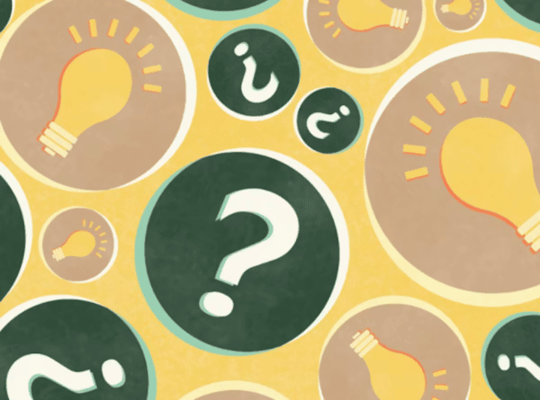 Colorful circles with question marks and lightbulbs on a yellow background, symbolizing curiosity, inquiry, and bright ideas.