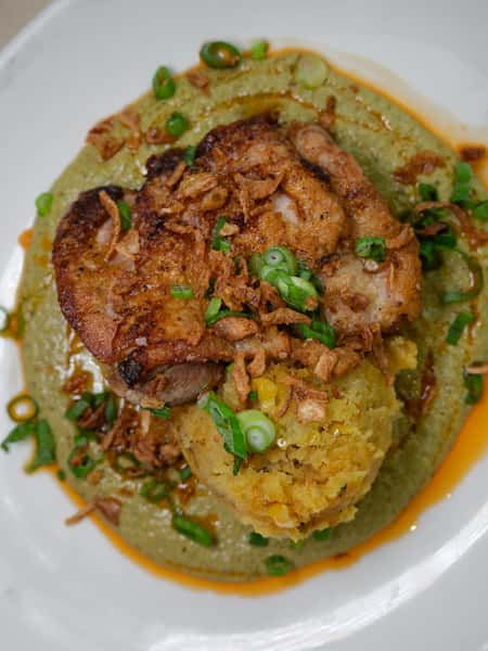 Roasted Chicken Chili Verde with Sweet Corn Cakes