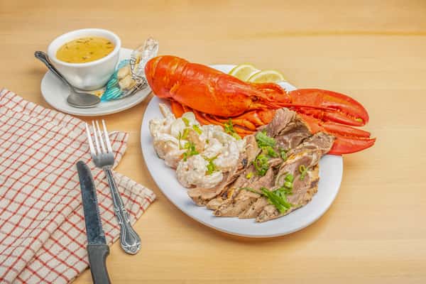 London Broil & Lobster With Soup