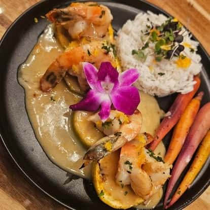 Grilled shrimp served on roasted squash rounds with creamy herb sauce, jasmine rice topped with microgreens, roasted carrots, and an orchid flower garnish on a black plate.