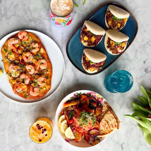 Our Hawaiian Bao Buns, Ko Olina Shrimp Flatbread, Lomi Lomi Hawaiian Smoked Salmon Salad, Passion Fruit Margarita, Surfs Up Cocktail and Lavender Latte