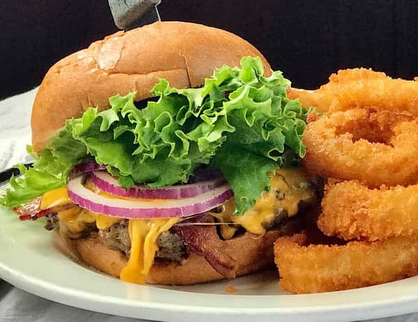 burger and onion rings