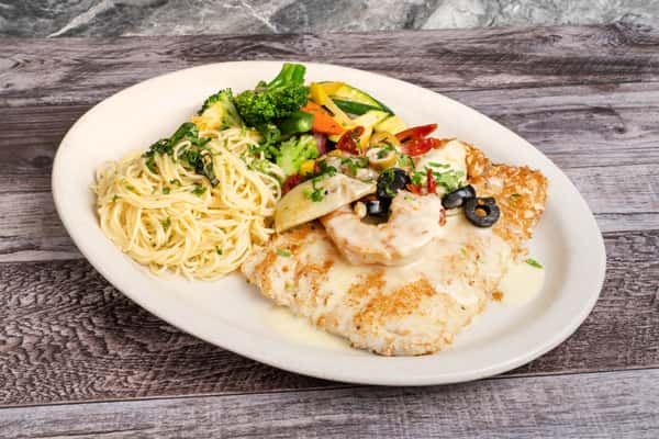Breaded chicken topped with creamy shrimp sauce and olives, served with angel hair pasta and mixed vegetables