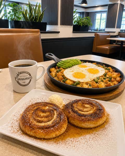 Hearty breakfast skillet with eggs, avocado, and savory toppings served alongside freshly baked cinnamon rolls and coffee.