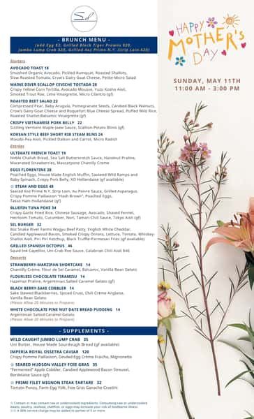 Mothers Day Menu