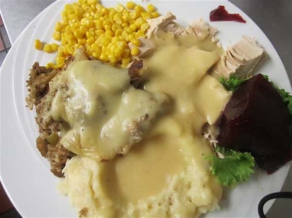 country fried steak, corn, mashed potatoes topped with gravy