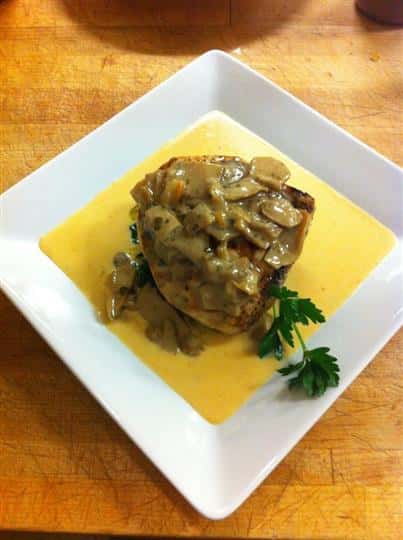 grilled swordfish fillet over a lobster bisque fondue with garlic sauteed spinach and porcini mushrooms!