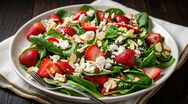 Spinach salad with sliced strawberries, crumbled feta cheese, and slivered almonds.