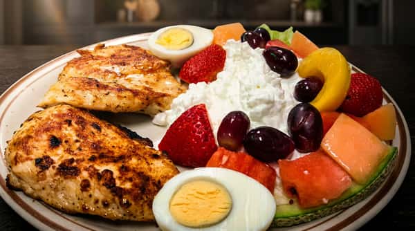 Grilled chicken breast, cottage cheese, hard-boiled eggs, strawberries, grapes, and various melon pieces on a white plate.