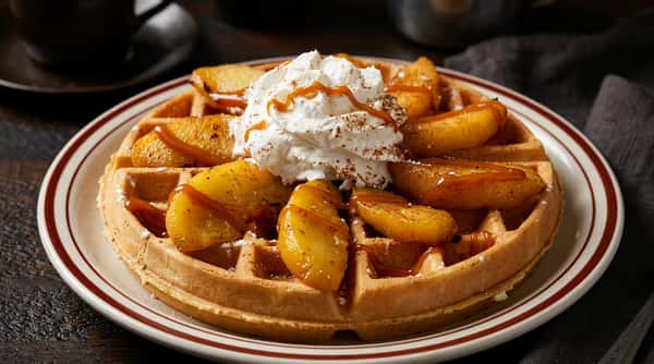 Waffle topped with caramelized apple slices, whipped cream, drizzled caramel, and powdered sugar.