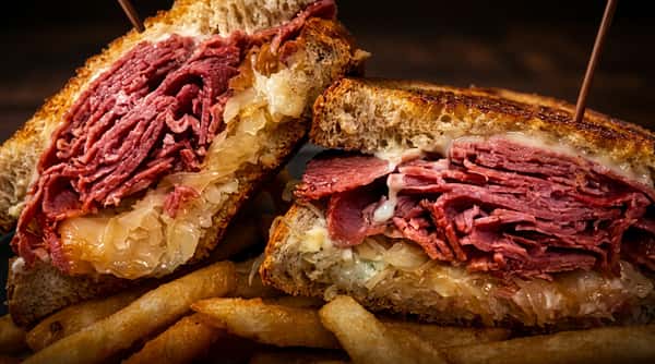 Reuben sandwich, cut in half, with pastrami, melted cheese, and sauerkraut, served with french fries.
